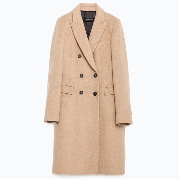 RARE Zara Tan Camel Wool Blend Double Breasted Tailored Fit Winter Trench Coat - Picture 16 of 16